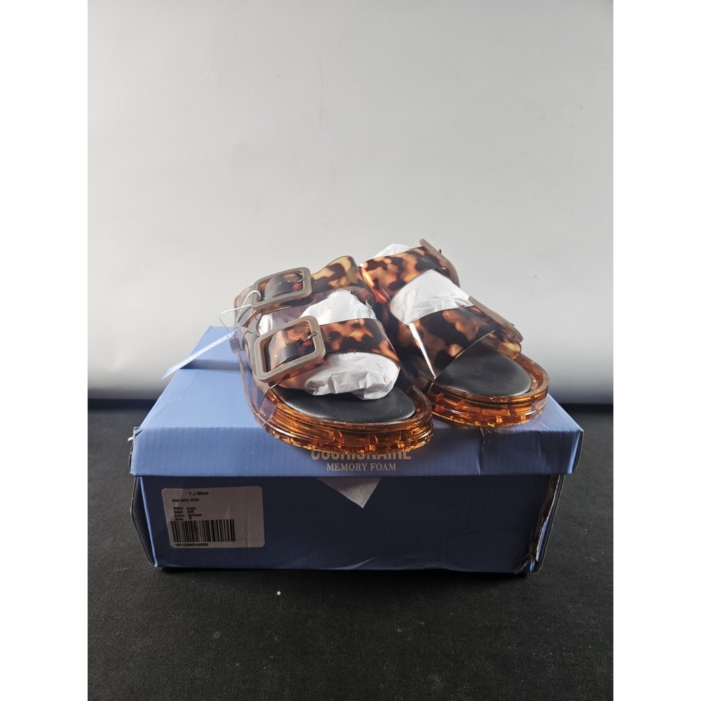 CUSHIONAIRE Pool Women's 8 Jelly Slide Sandals Tortie Clear Double Buckle NWT